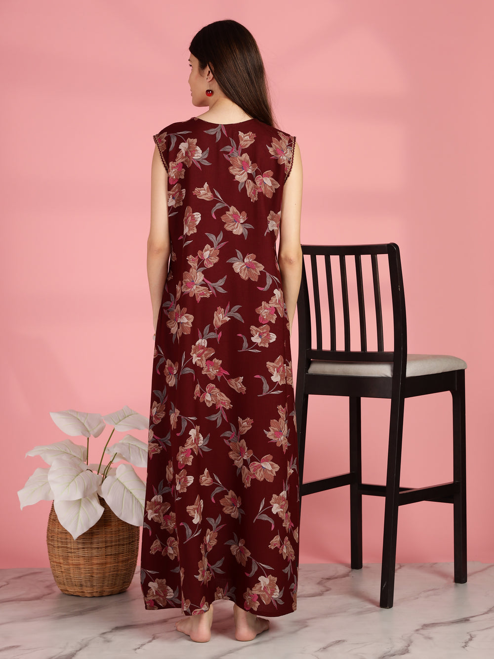 Red Floral Sleeveless Front Open Nighty For Women