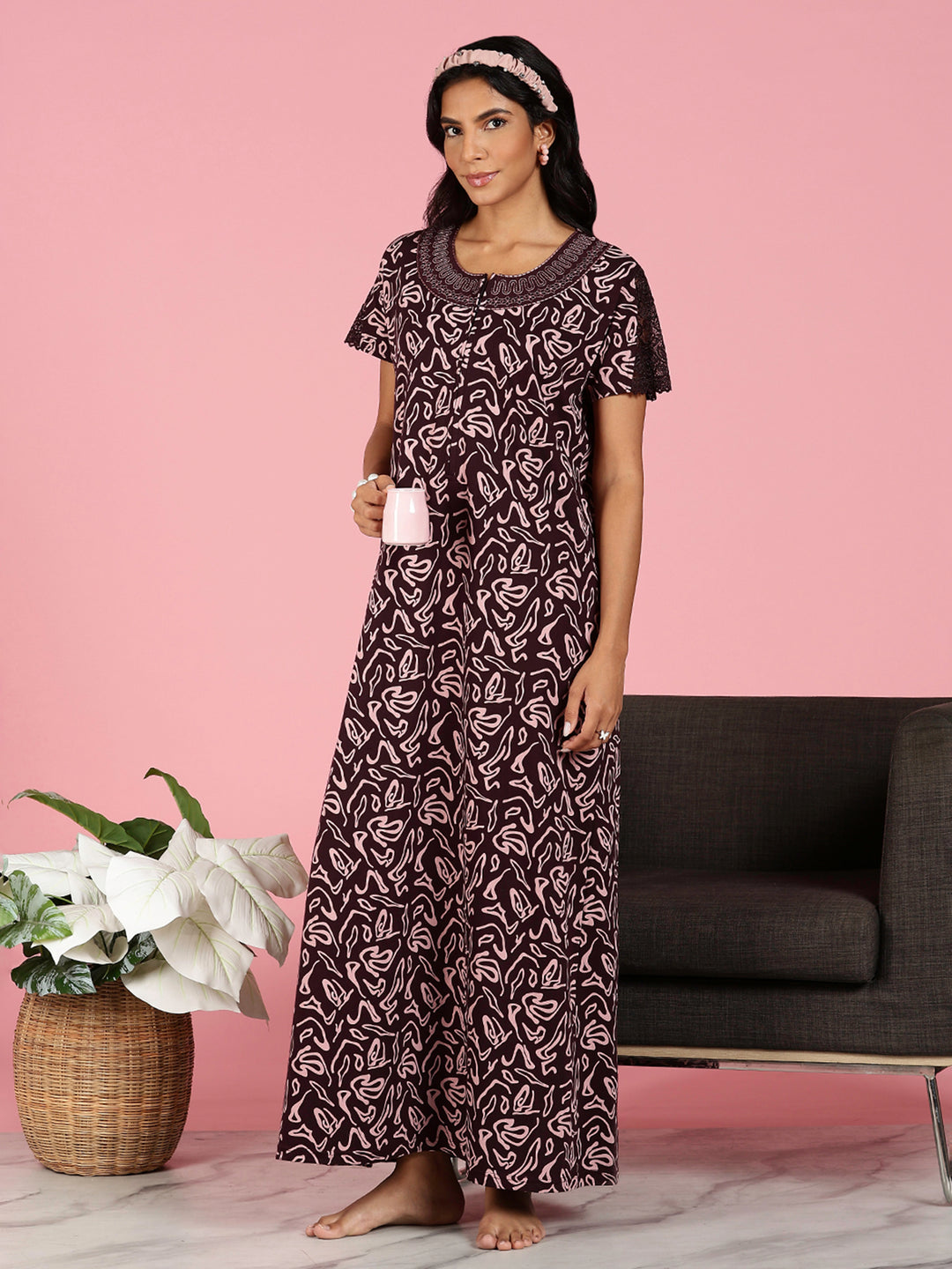 Rose Blossom Hosiery Cotton Nighty For Women with Embroidery