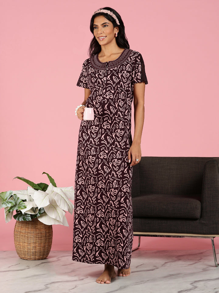 Rose Blossom Hosiery Cotton Nighty For Women with Embroidery