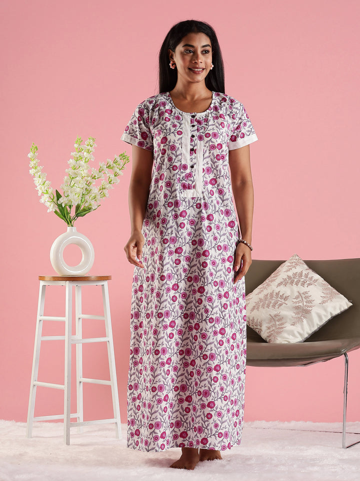 Rose Cream Front Open Feeding Nighty In Cotton for Women