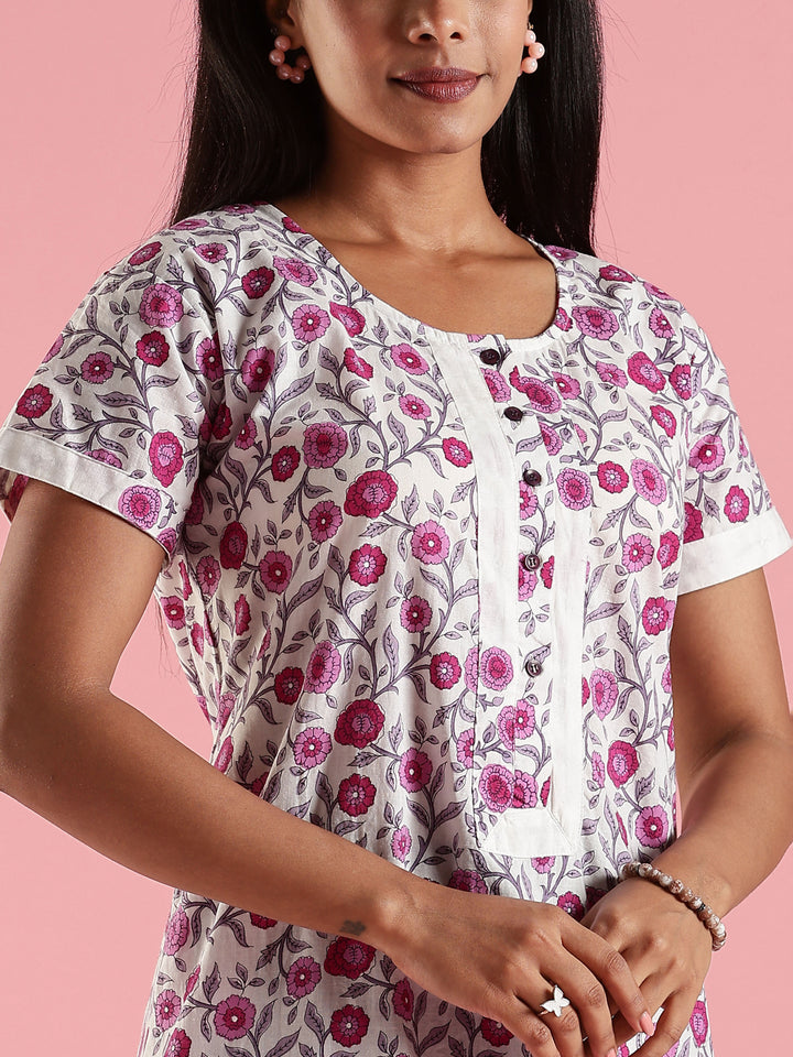 Rose Cream Front Open Feeding Nighty In Cotton for Women