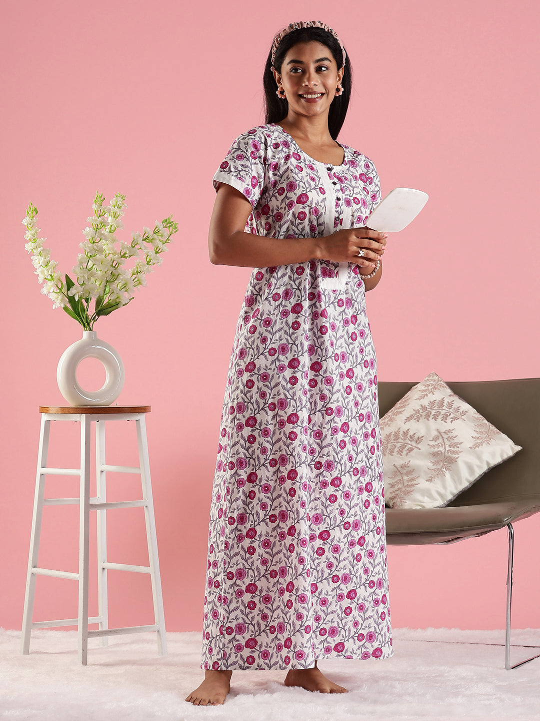 Rose Cream Front Open Feeding Nighty In Cotton for Women