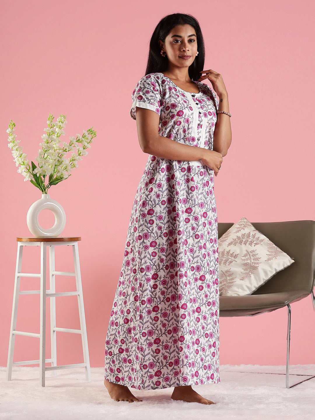 Rose Cream Front Open Feeding Nighty In Cotton for Women