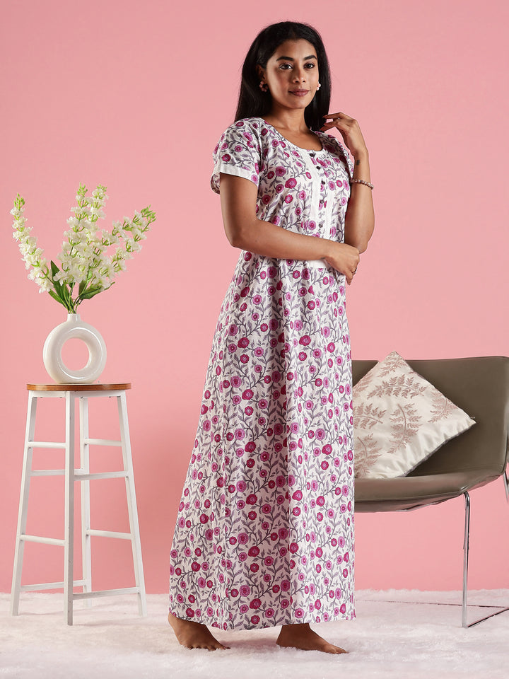Rose Cream Front Open Feeding Nighty In Cotton for Women