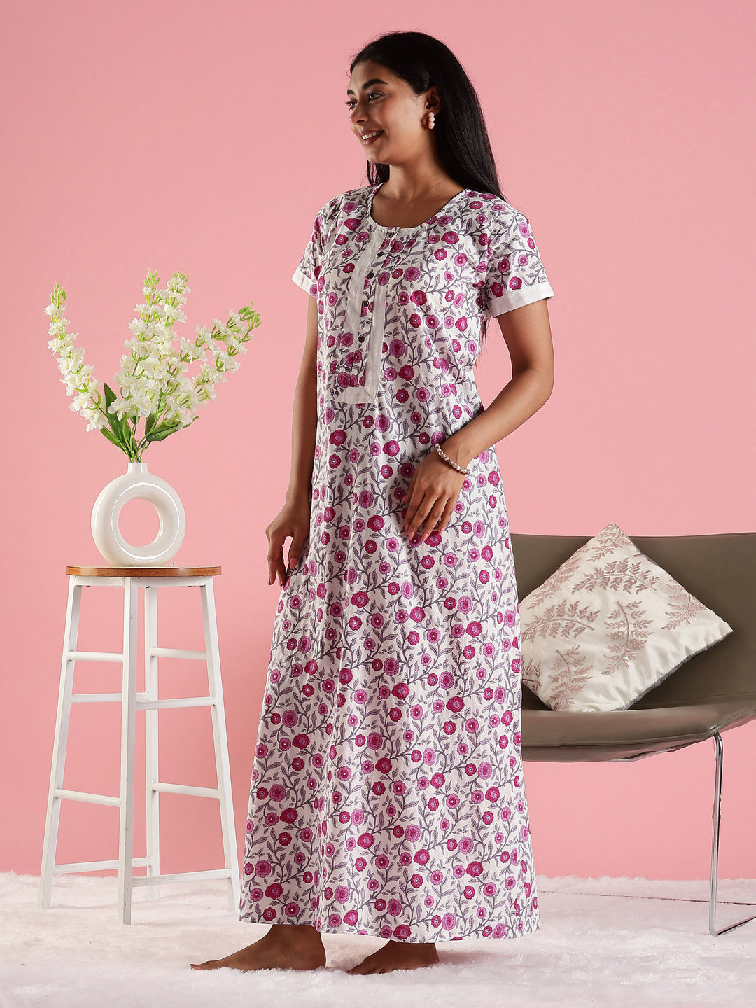 Rose Cream Front Open Feeding Nighty In Cotton for Women