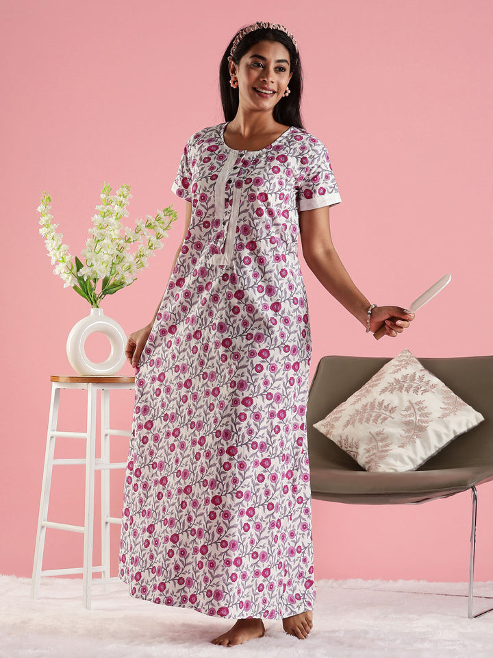 Rose Cream Front Open Feeding Nighty In Cotton for Women