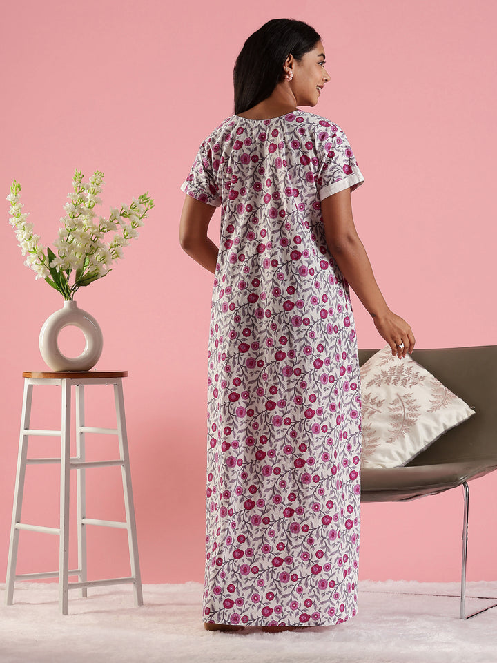 Rose Cream Front Open Feeding Nighty In Cotton for Women