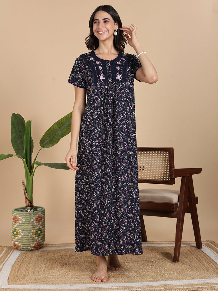 Rose Print Navy Best Alpine Nighty for Women