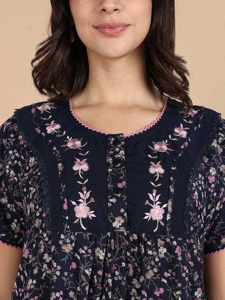 Rose Print Navy Best Alpine Nighty for Women
