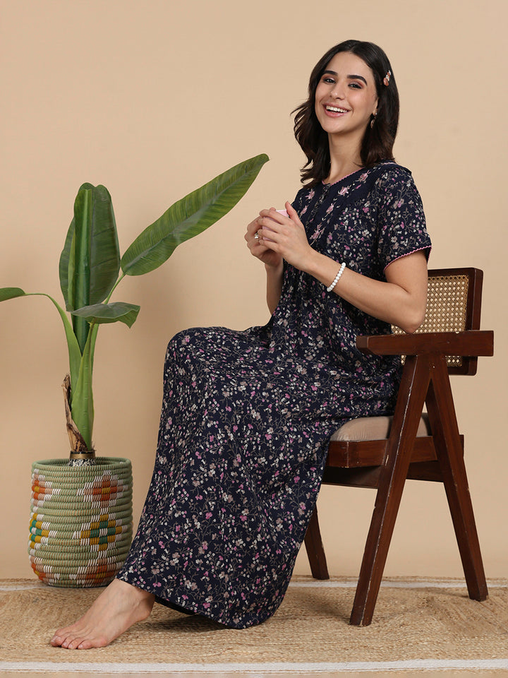 Rose Print Navy Best Alpine Nighty for Women