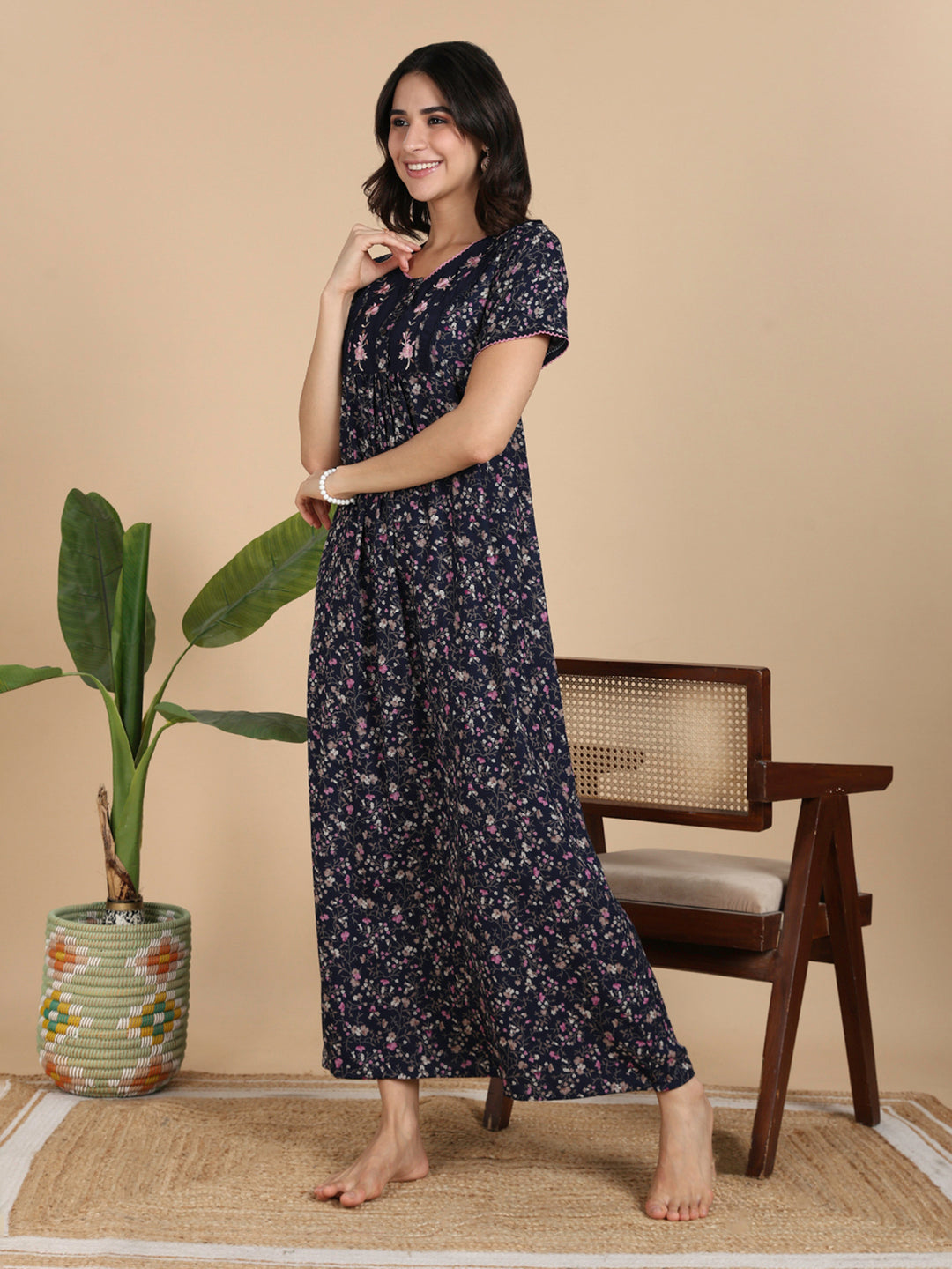 Rose Print Navy Best Alpine Nighty for Women