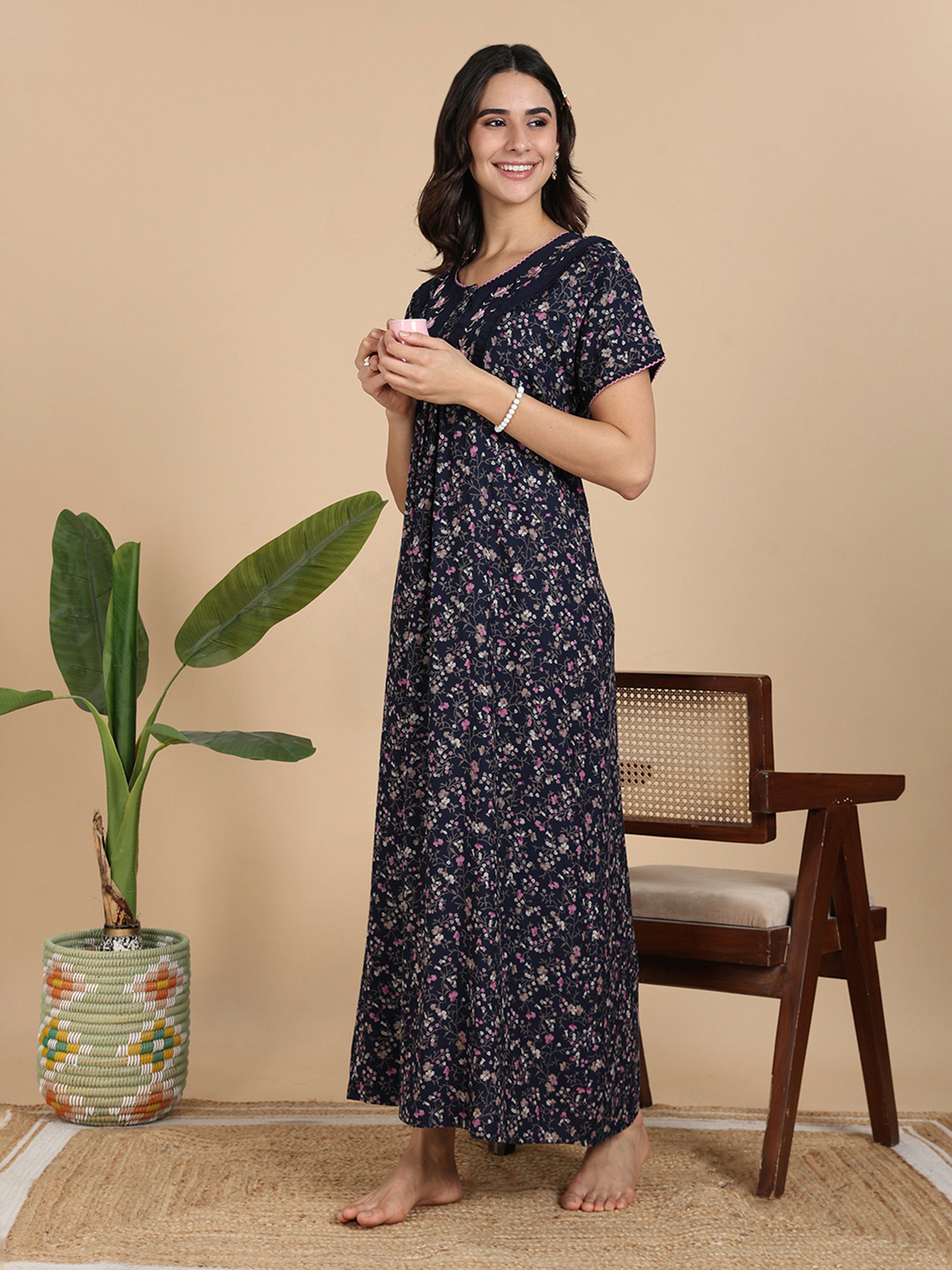 Shop Rose Print Navy | Best Alpine Nighty for Women In India