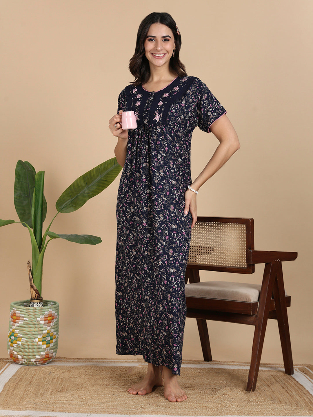 Rose Print Navy Best Alpine Nighty for Women