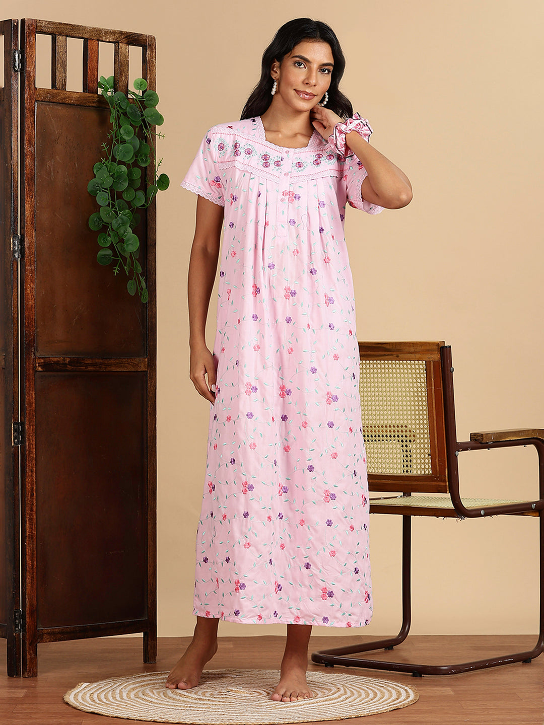 Lilac Rose Pink Branded Cotton Nighty Online with Embroidery
