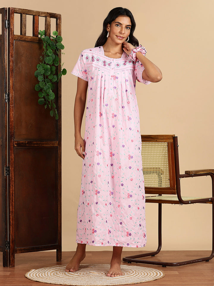 Lilac Rose Pink Branded Cotton Nighty Online with Embroidery