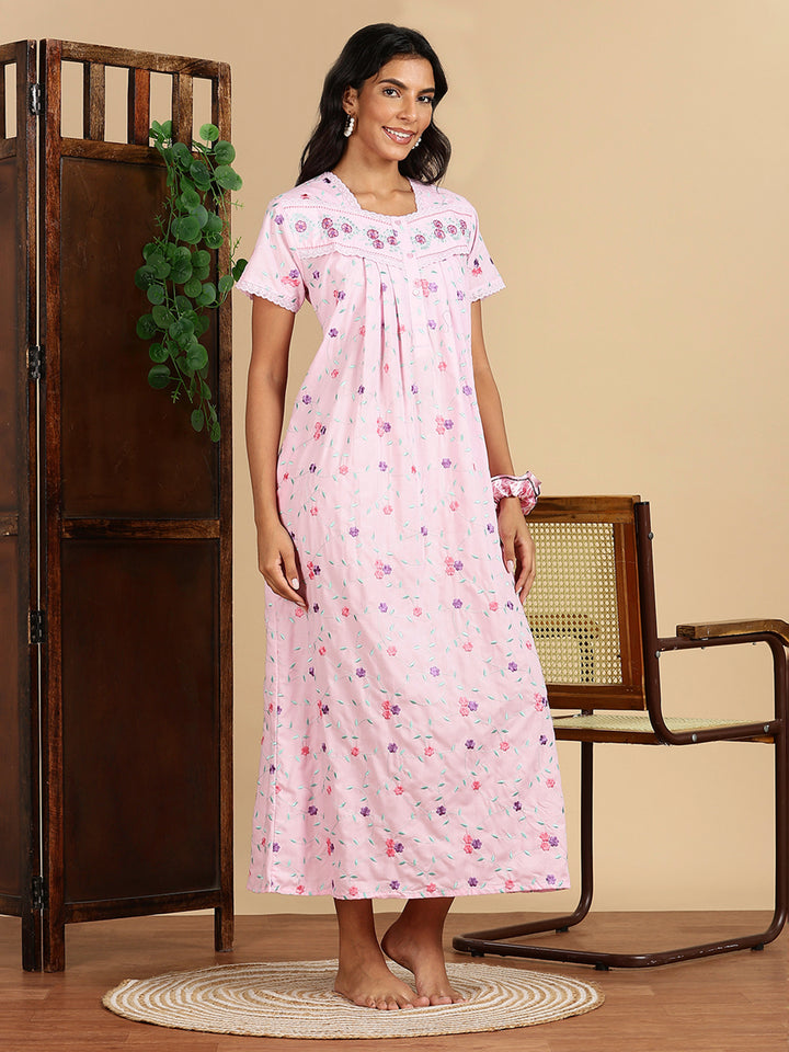 Lilac Rose Pink Branded Cotton Nighty Online with Embroidery