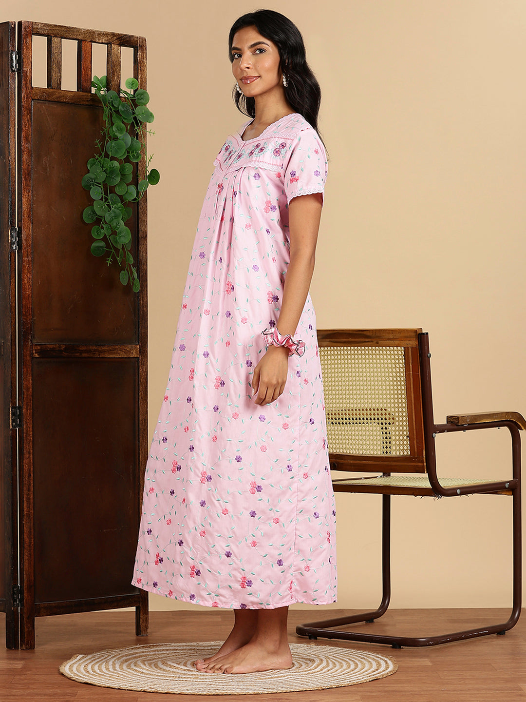 Lilac Rose Pink Branded Cotton Nighty Online with Embroidery