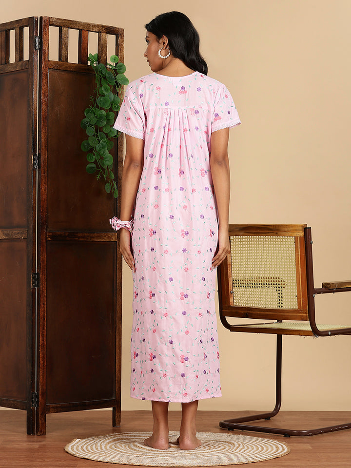 Lilac Rose Pink Branded Cotton Nighty Online with Embroidery