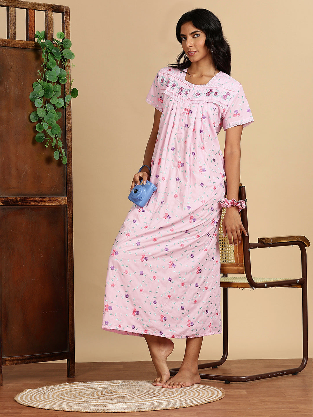 Lilac Rose Pink Branded Cotton Nighty Online with Embroidery