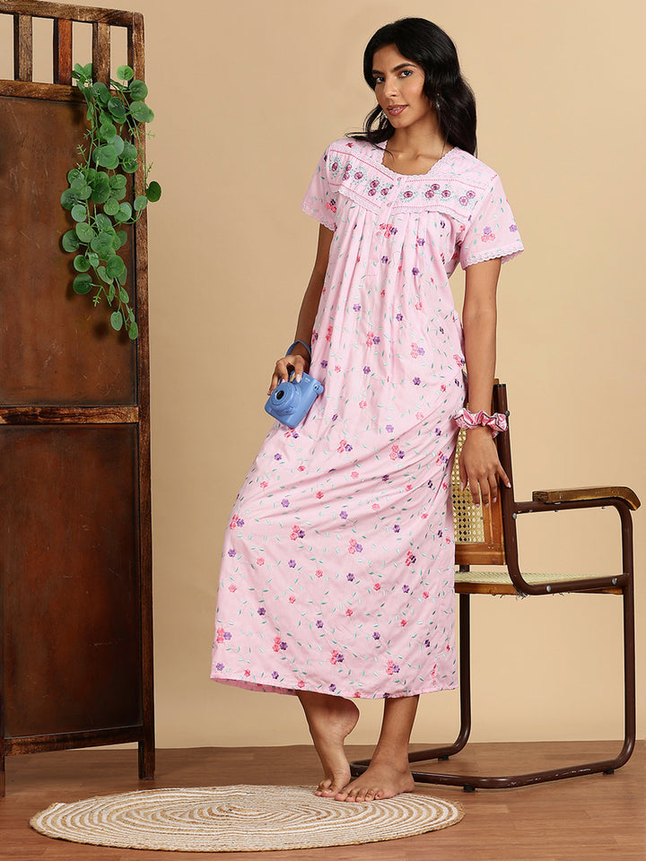 Lilac Rose Pink Branded Cotton Nighty Online with Embroidery