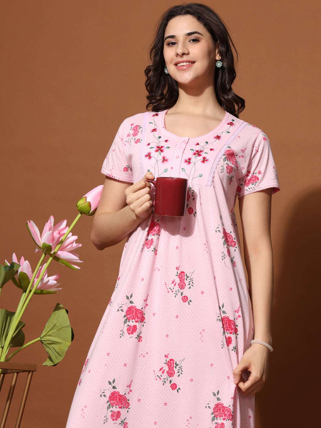 Rose Pink Cotton Blend - Front Open Nighty for Women Online 9shines label Rose Pink Cotton Blend - Front Open Nighty for Women Online 9shines label