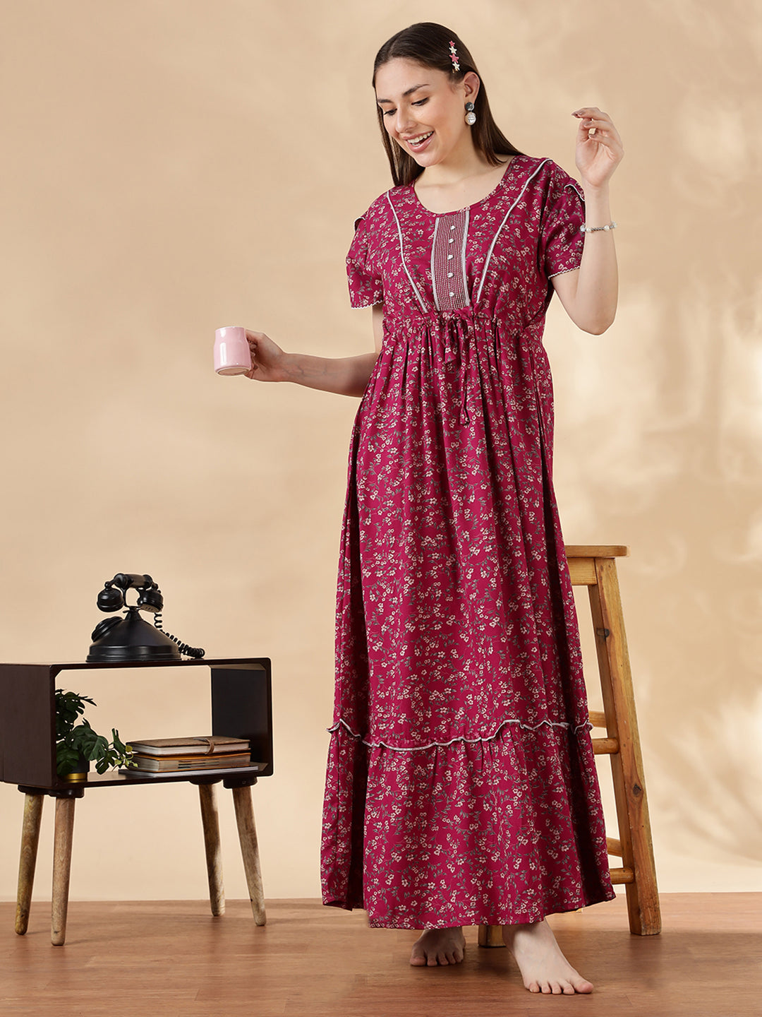 Pink Alpine Frock Type Nighty For Women With Drawstring Waist Alpine / XXL/52 Pink Alpine Frock Type Nighty For Women With Drawstring Waist Alpine / XXL/52