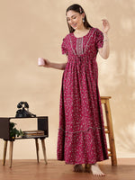 Pink Flora Micro Floral Frock Night Dress with Drawstring Waist