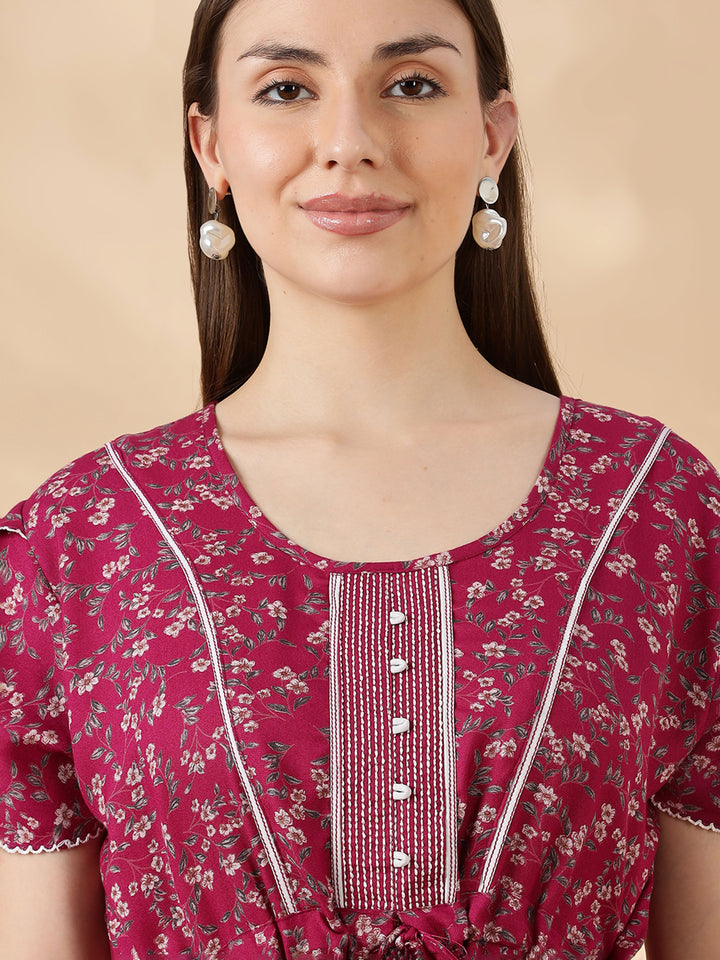 Rose pink alpine frock type nighty for women with drawstring waist