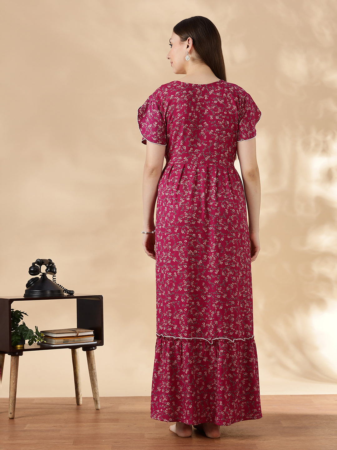 Rose pink alpine frock type nighty for women with drawstring waist