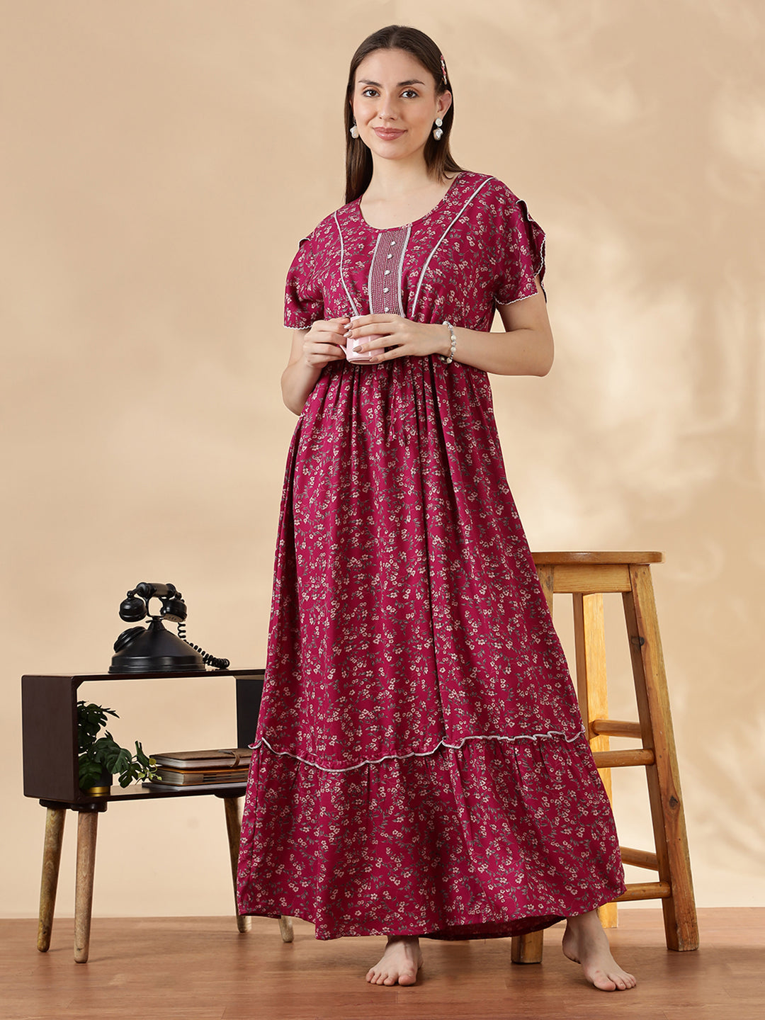 Rose pink alpine frock type nighty for women with drawstring waist