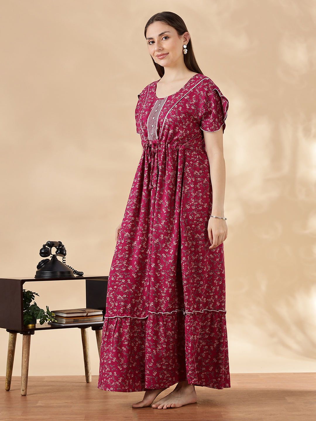 Rose pink alpine frock type nighty for women with drawstring waist