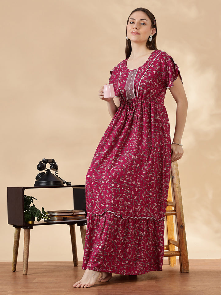 Rose pink alpine frock type nighty for women with drawstring waist