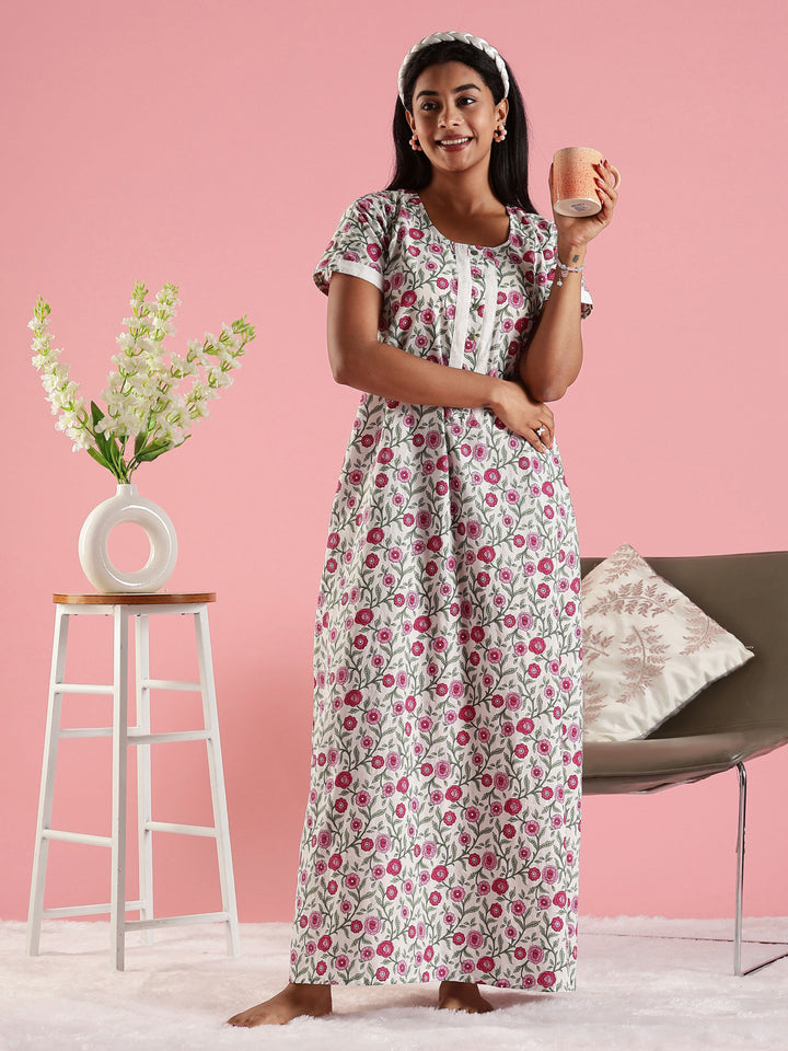 Round Neck Floral Printed Feeding Cotton Nighty for Women