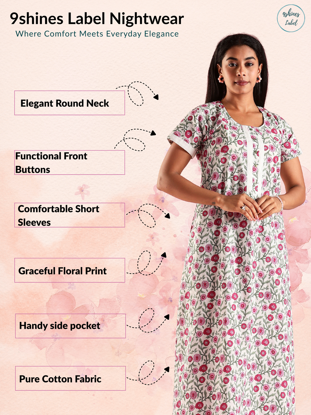 Round Neck Floral Printed Feeding Cotton Nighty for Women