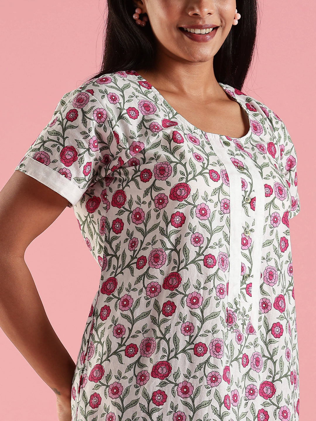 Round Neck Floral Printed Feeding Cotton Nighty for Women