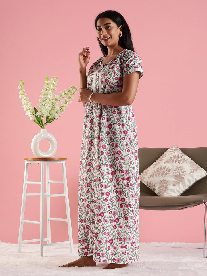Round Neck Floral Printed Feeding Cotton Nighty for Women
