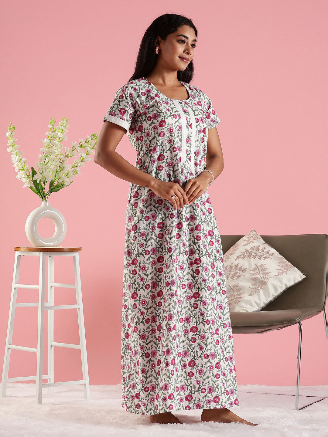 Round Neck Floral Printed Feeding Cotton Nighty for Women