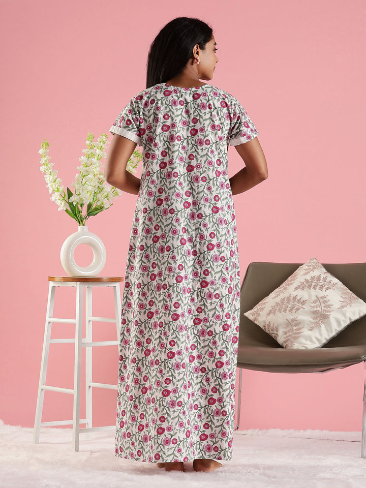Round Neck Floral Printed Feeding Cotton Nighty for Women