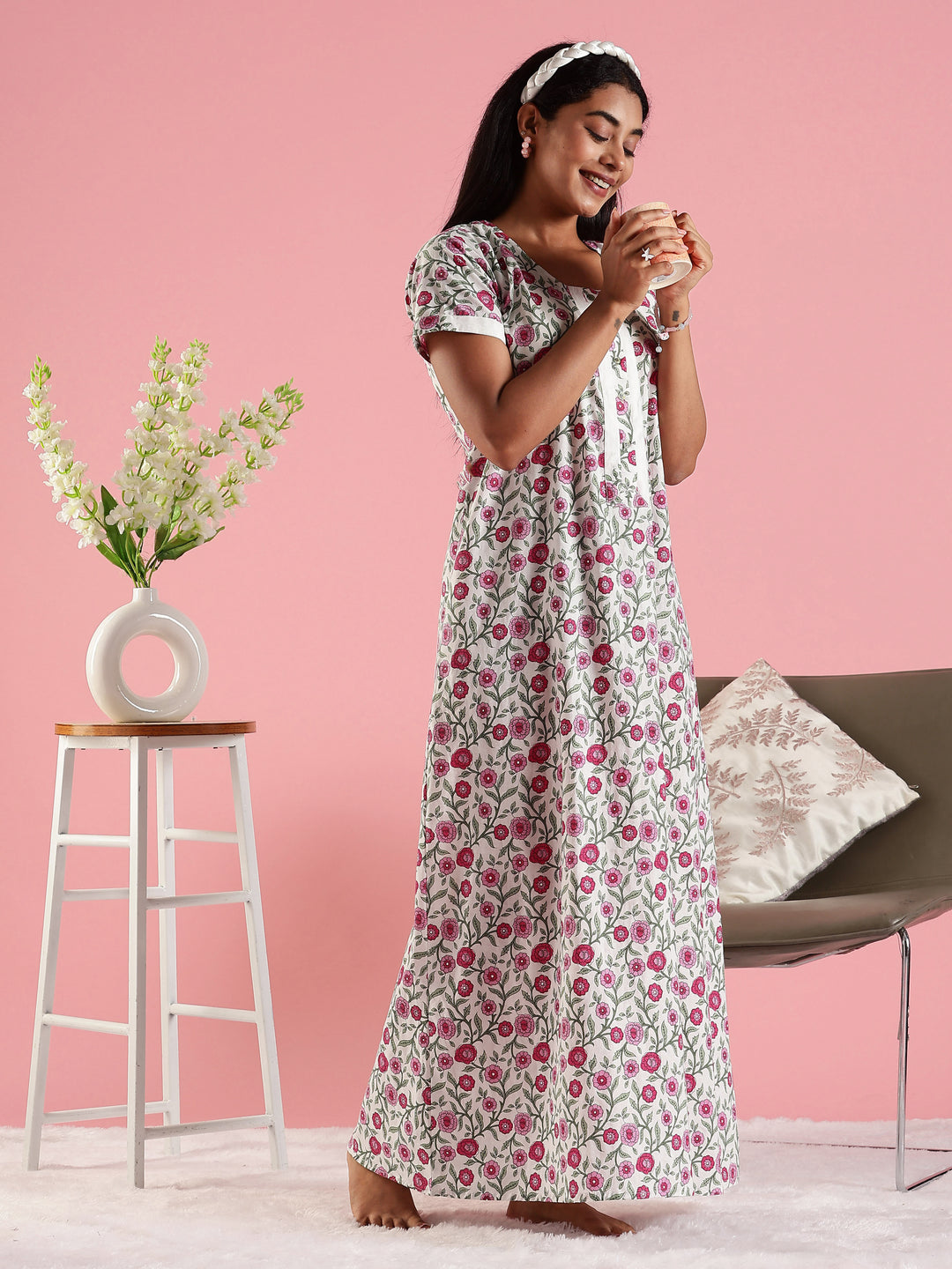 Round Neck Floral Printed Feeding Cotton Nighty for Women