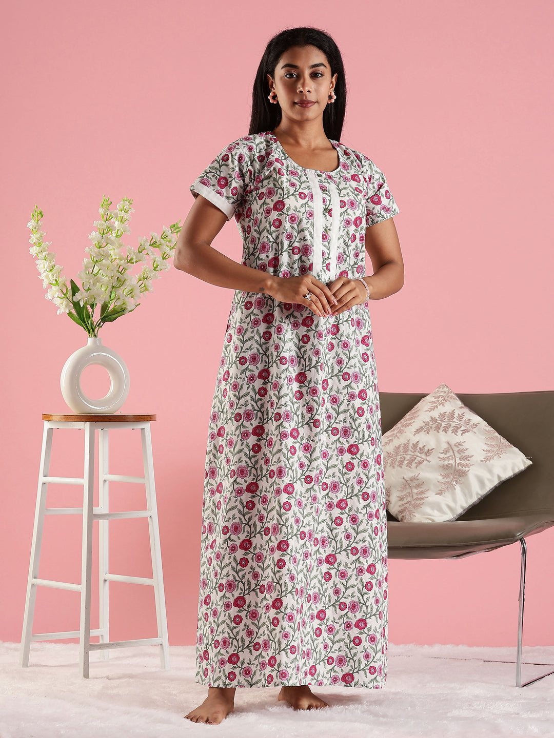 Round Neck Floral Printed Feeding Cotton Nighty for Women