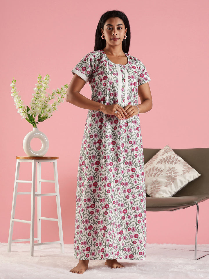 Round Neck Floral Printed Feeding Cotton Nighty for Women