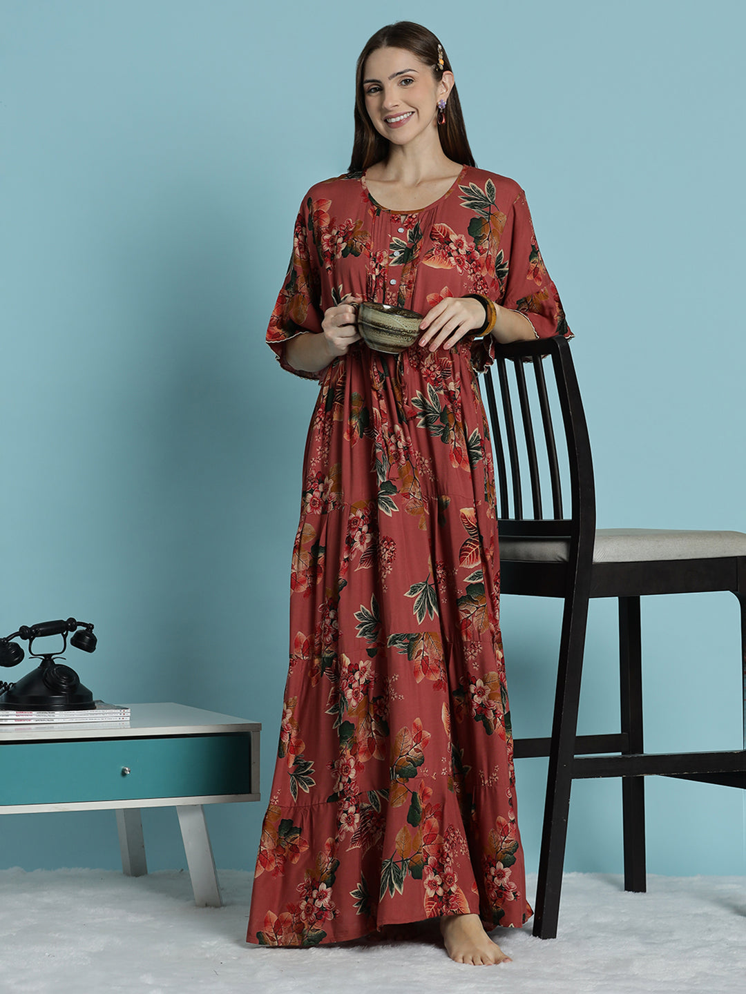 Rust red floral print frock type nighty for women In rayon