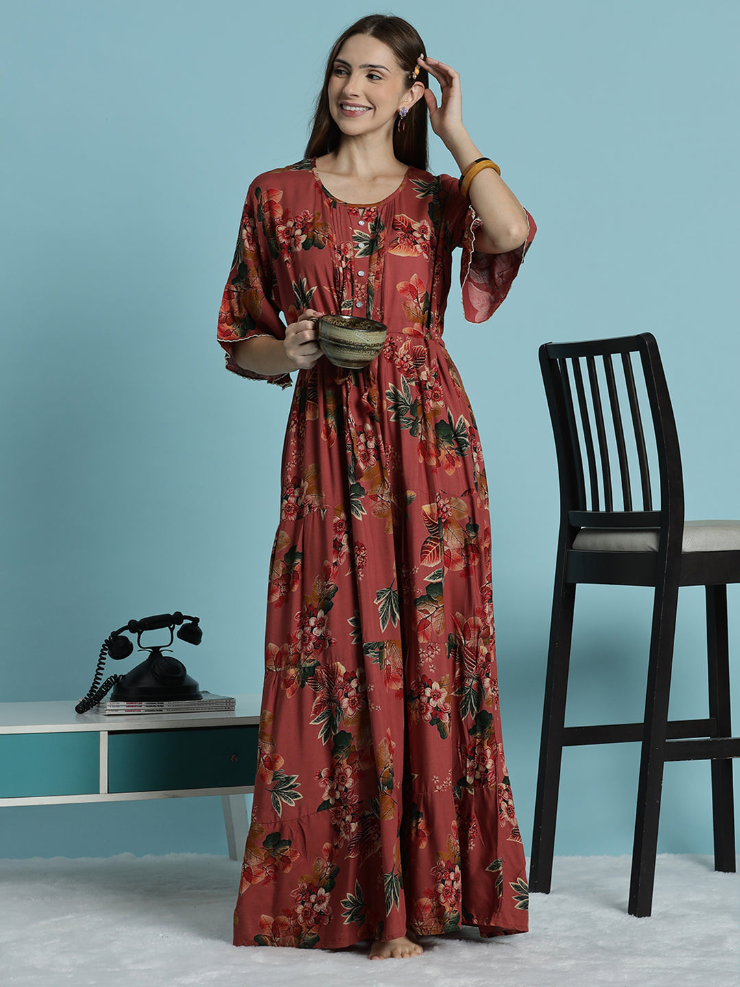 Rust red floral print frock type nighty for women In rayon