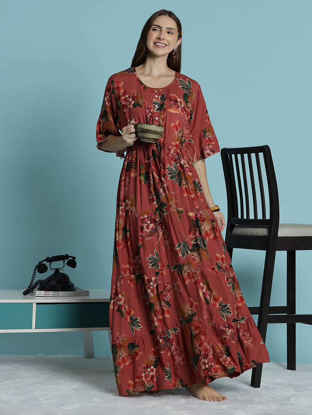 Rust red floral print frock type nighty for women In rayon