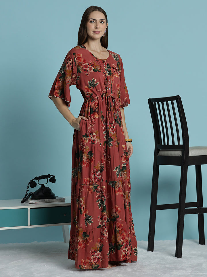 Rust red floral print frock type nighty for women In rayon