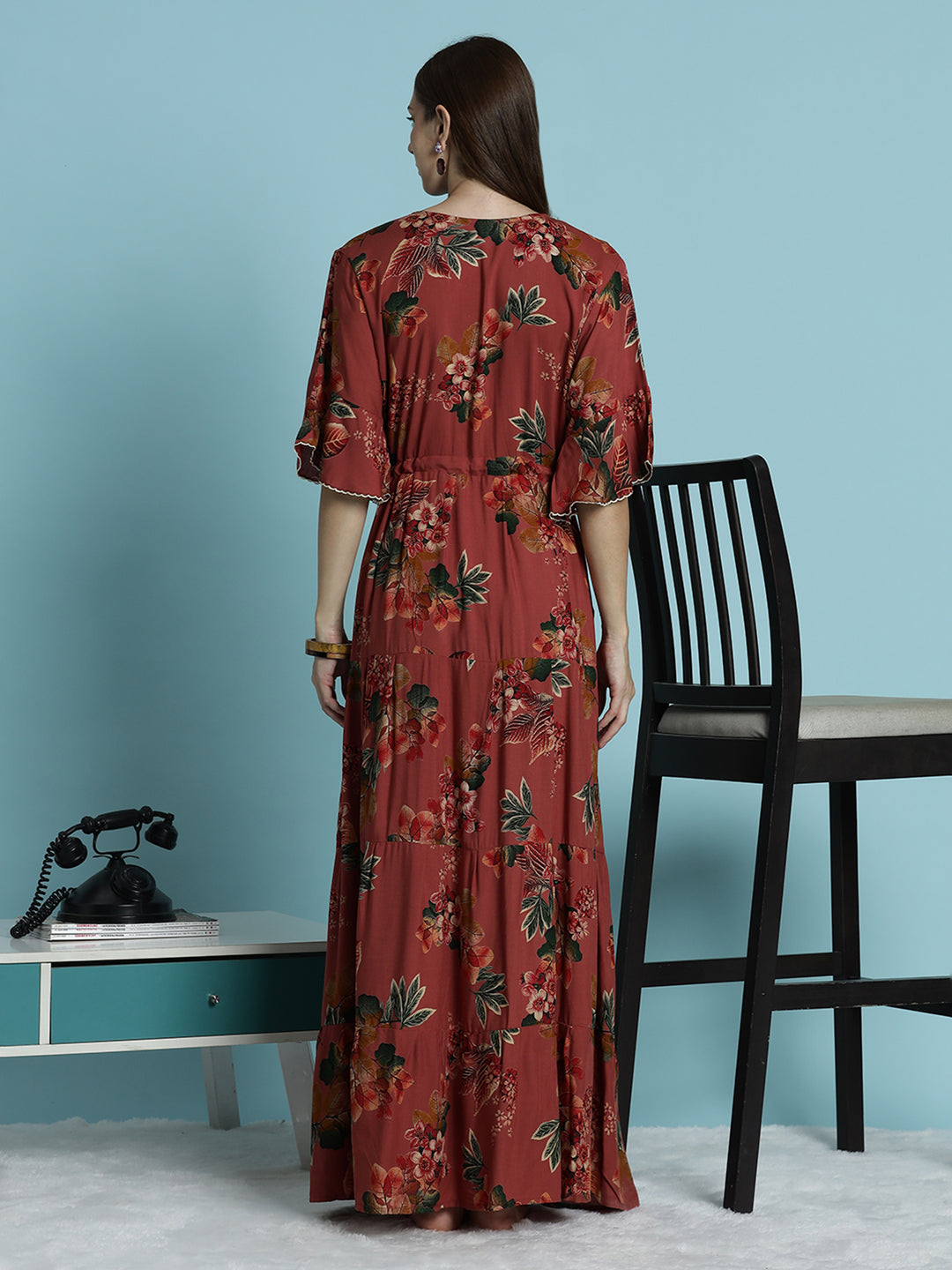 Rust red floral print frock type nighty for women In rayon