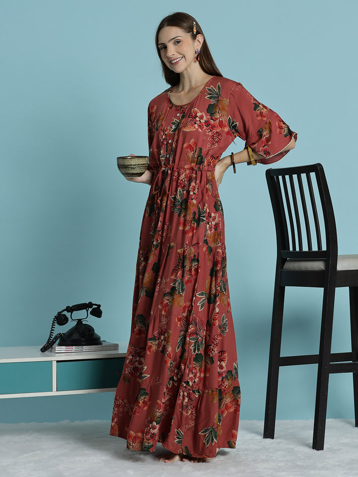 Rust red floral print frock type nighty for women In rayon