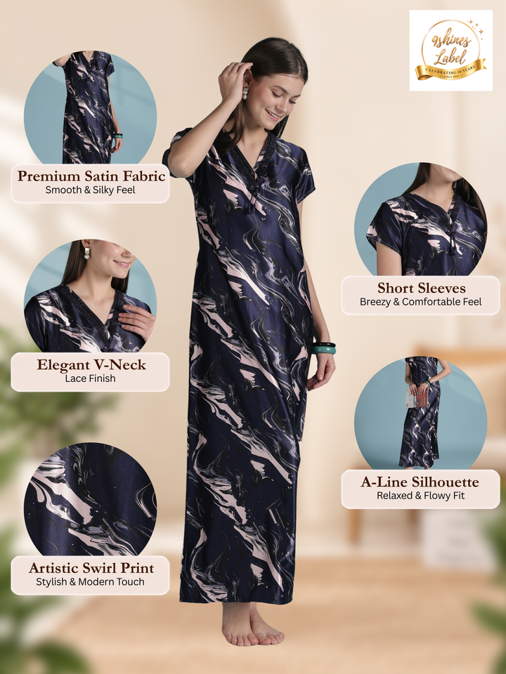 Designer Satin Nighty for Women with Swirl Print and Bow in Navy