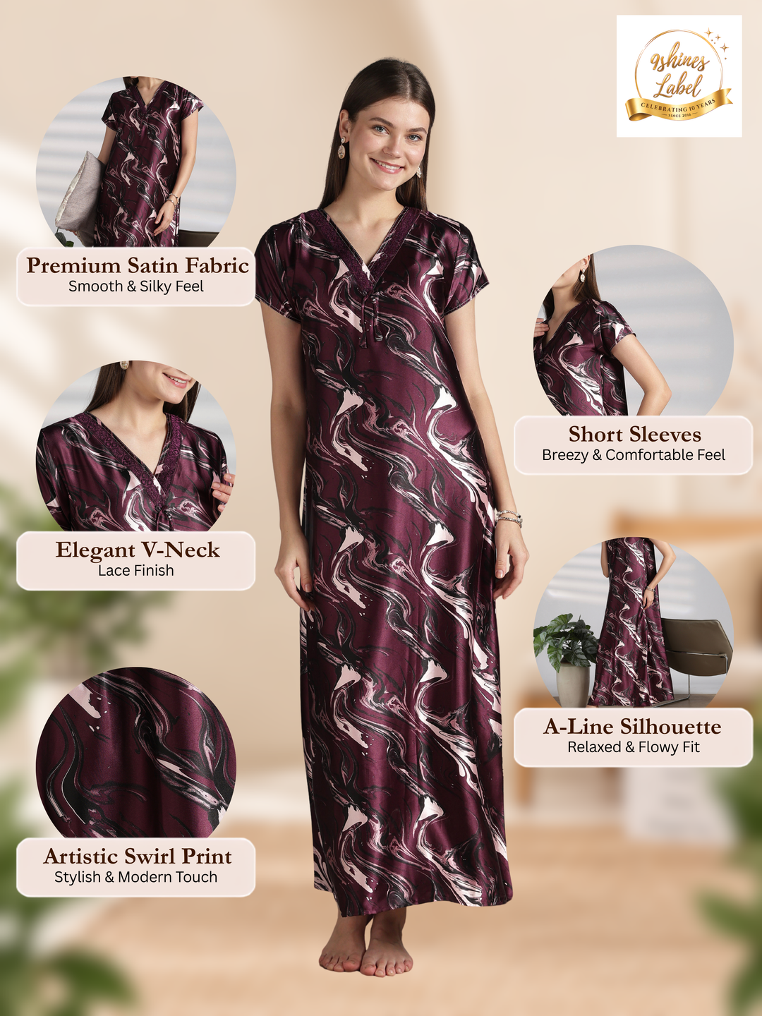 Elegant Swirl Print Satin Nighty for Women with Lace V Neck