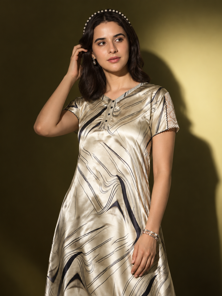 Ivory Dream Satin Nighty for Women with Abstract Print